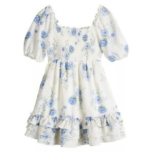 Poppies & Roses Girls Floral Smocked Tiered‎ Ruffle Dress Ivory Blue Size 7Y